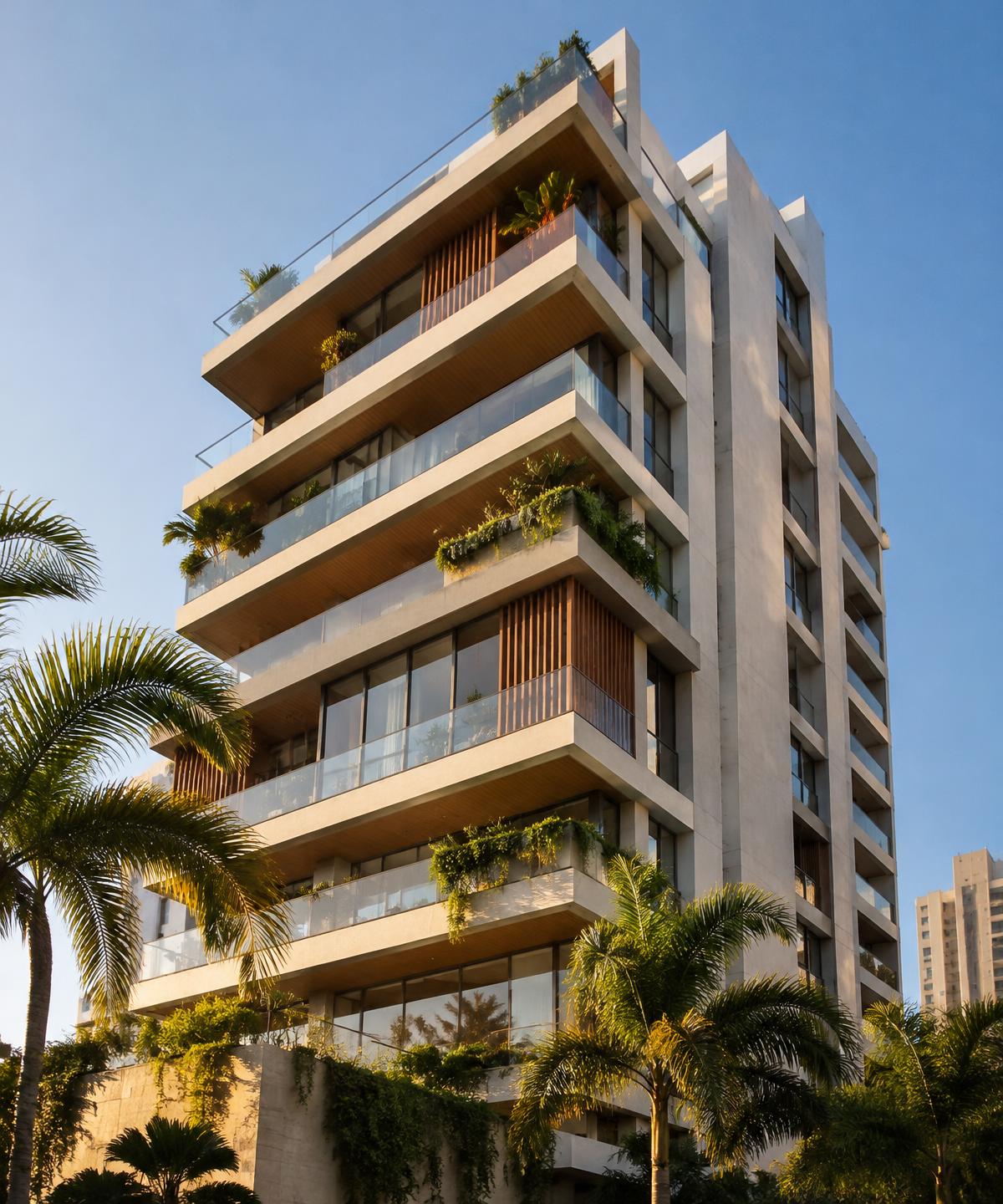 Edifício residencial contemporâneo de alto padrão com varandas e paisagismo